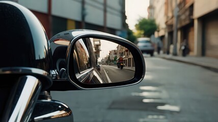 Close-up of a chrome motorcycle side mirror with blind spot attachment, reflecting another bike and parked cars on a city street.