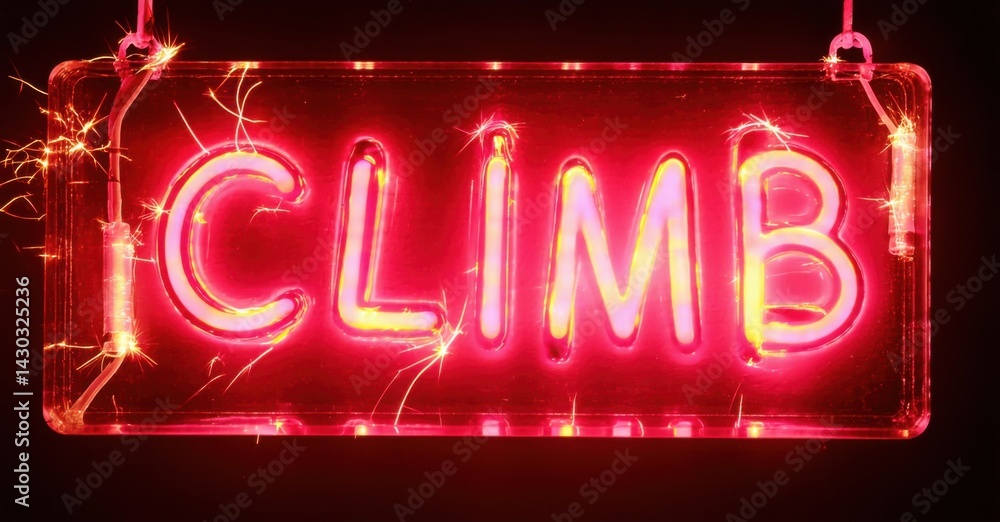 Leinwandbilder bright red neon sign displays word climb. sparks emanate from edges, creating dynamic visual effect.