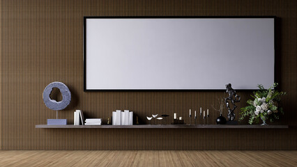 A modern interior living room decoration with a wooden wall, minimalistic decor, a large blank frame, and assorted decorative items on a shelf. 3d rendering.