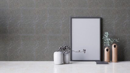 A modern interior featuring a textured wall, minimalist vases, a blank picture frame. 3d rendering.