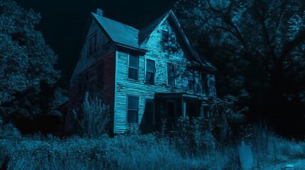 Derelict Victorian House: A Nighttime Eerie Cyanotype