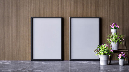 A modern interior scene featuring two empty picture frames on a textured wall, complemented by potted flowers on a marble floor. 3d rendering.