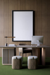 A modern office setup featuring a sleek desk, comfortable chair, and minimalist decor, set against a textured wall and vibrant green carpet. 3d rendering interior room design and decoration.