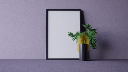 A minimalistic interior scene featuring a blank picture frame, a vibrant plant in a yellow vase, and a sleek black vase against a textured purple background. 3d rendering.