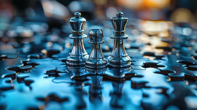 Metal chess pieces on a reflective puzzle surface in a creative composition.