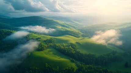 Aerial View of Rolling Hills at Sunset, A breathtaking aerial view of rolling green hills under a dramatic sky with the sun setting