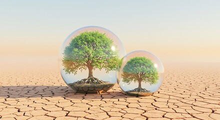 Two Trees Inside Glass Spheres on Cracked Dry Earth – Environmental Concept