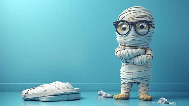 Mummy with Broken Bandage on Light Blue Background