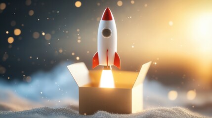 Rocket launching from a box, symbolizing a new beginning or innovative idea.