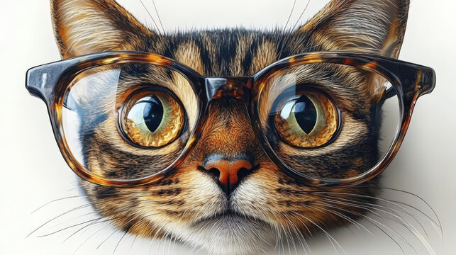 Close-up of a tabby cat's face wearing oversized tortoise-shell glasses...
