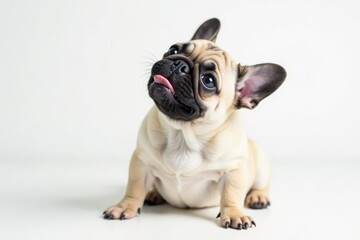 Playful pug, ears up, sitting on white background, pug puppy, isolated