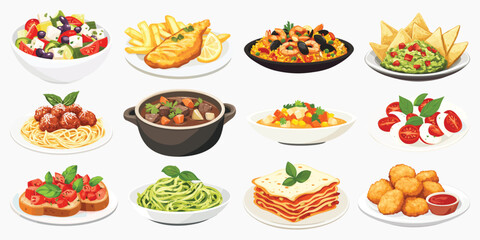 Illustration of various international dishes, including pasta, paella, and salad, vector set