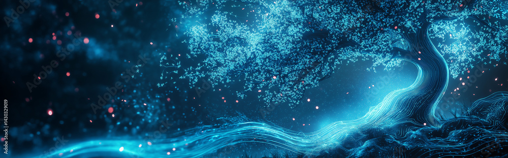 Poster abstract digital tree glowing particle art for tech nature and fantasy designs
