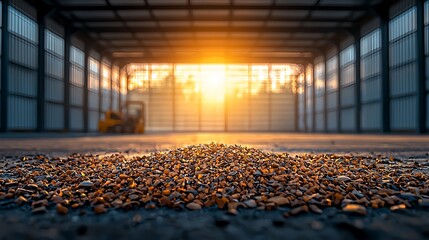 Inside a large warehouse, a pile of small stones sit before open doors bathed in golden light