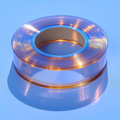 Coiled copper strip encased in transparent material on a light blue surface...