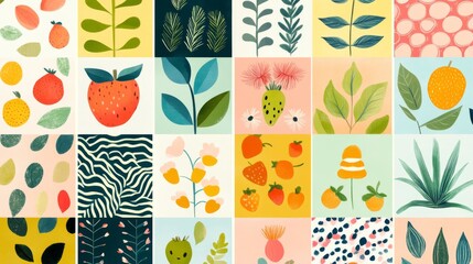Charming botanical and nature illustrations, featuring happy face expressions, multicolored petals, zigzag patterns, rounded edges, playful fruit designs, gentle cloud formations, flat vector art,