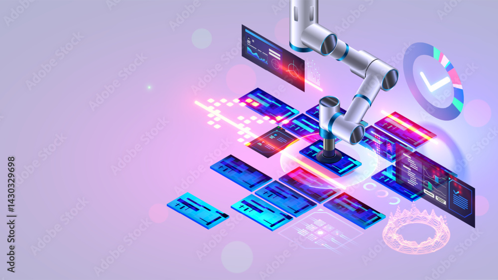Leinwandbilder Robot or robotic arm shifts semiconductor chips on an assembly line at an electronics factory. An industrial robot uses a suction cup to drag small details of microchips. Programming an automated line