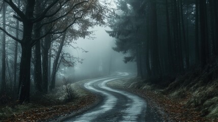 Obraz premium Foggy, winding forest road shrouded in mystery.