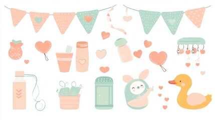 nursery design elements set, mint green and coral pink tones, celebration banners, baby duck toy, baby essentials, heart motifs, safety pins with hearts, baby feeding bottle, stuffed animal,