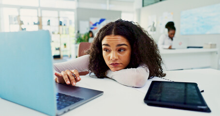 Business woman, laptop and tired with bored, frustrated and fatigue for project research in office....