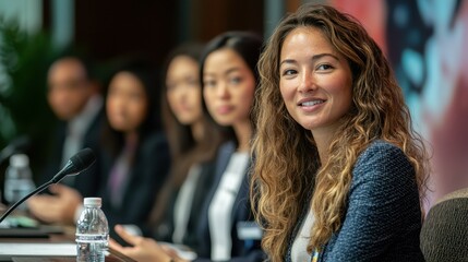 Confident female speaker at a business conference engaging with the audience.