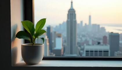 Fototapeta premium Single plant on a windowsill, overlooking a cityscape , plant pot, urban nature, sunlight