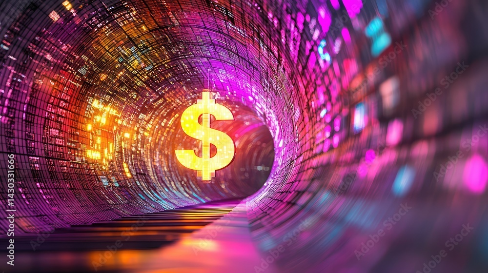 Aufkleber illuminated dollar sign in a glowing tunnel of financial data and abstract tech effects