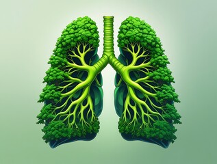 A creative design of lungs formed by vibrant green trees and branches, blending environmental symbolism with human health and the importance of clean air and nature preservation.


