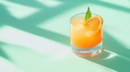 Fototapeta premium Orange-mint cocktail in clear glass casting a shadow over mint-green pastel surface