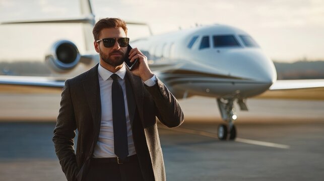 Businessman on phone near private jet (2)