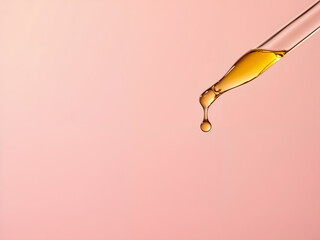 Dropper releasing golden oil drop on soft pink background, skincare concept. Generative AI