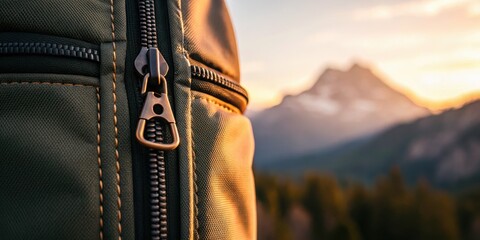 Close-up of a zipper on a backpack with a mountain landscape blurred in the background during sunset.