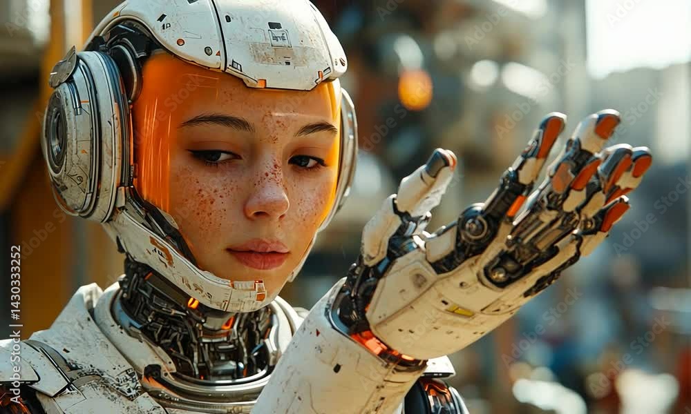 Poster futuristic humanoid robot with intricate design gestures in a vibrant cityscape background