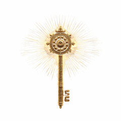 Fototapeta premium Ornate Golden Key with Radiant Burst on Red Background - Symbol of Faith, Power, and Access