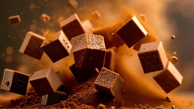Rock Candy, Sweet Cubes, Floating Sugar. Flavor Burst. Sugar cubes explode into dust. Aromas waft through swirling particles. Taste sensation elevates eating candy.