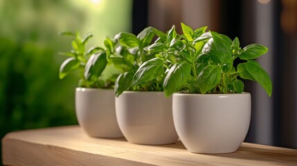Fototapeta premium Three Basil Plants in White Pots on Wooden Surface