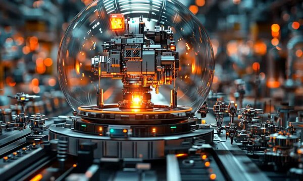 Futuristic laboratory scene showcasing a glowing robotic mechanism inside a glass dome, surrounded by intricate machinery