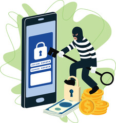 Vector Illustration Depicting Cybercrime and Data Theft: A Thief Attempting to Hack a Smartphone Password for Financial Gain