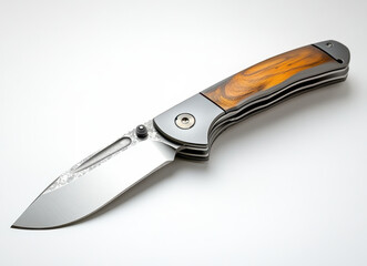 Obraz premium High-quality hyper-realistic image of open folding knife with wooden handle isolated on pure white background