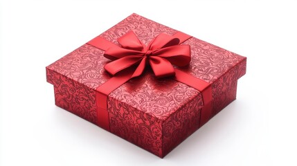 Obraz premium Red gift box with satin ribbon bow isolated on white background.