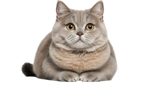 A fluffy gray cat with large eyes looking curiously at the camera. On transparent background.
