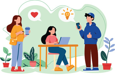 Vibrant Vector Illustration Depicting Young Adults Sharing Creative Ideas and Lifestyle Concepts in a Modern, Collaborative Environment