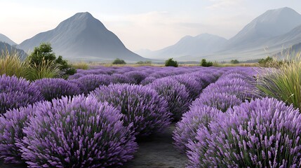 Obraz premium Serene Lavender Fields Under Mountains with Soft Sky and Peaceful Landscape Surrounding Lavender Plants