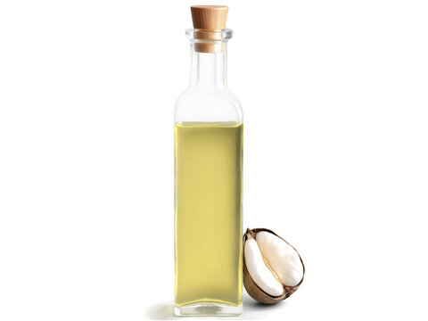 Kukui Nut Oil (Aleurites molucanna) A clear glass bottle filled with light yellow kukui nut oil. The oil has a