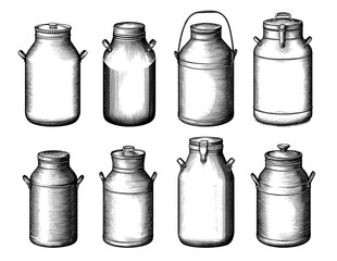 Milk Cans Vintage Engraving Style Black and White Collectione