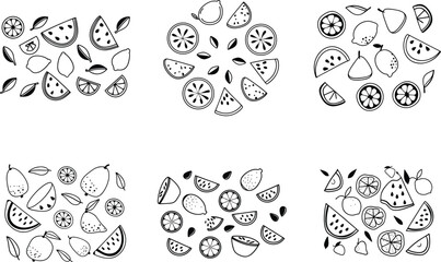 Six fruit composition designs with watermelon,lemon,and pear in black and white