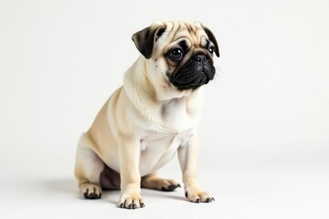 Obraz premium Solo pug, attentively posing on pure white backdrop, pet photo, pet