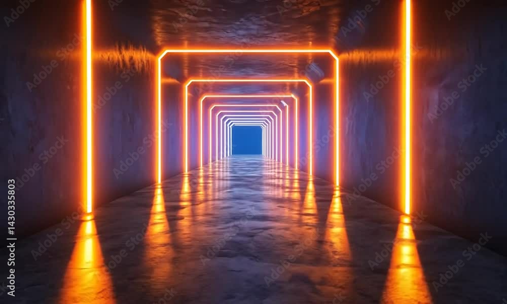 Poster futuristic neon-lit tunnel with reflective floor leading to an illuminated exit, creating a surreal 