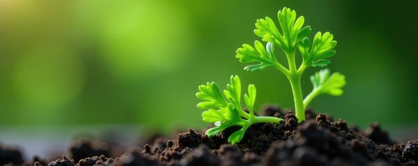 Sprout of fresh parsley with compact leaves and tiny buds, stem, herb, plants