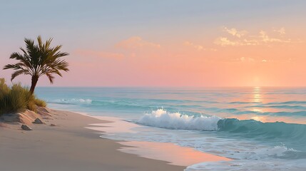 Serene Tropical Beach at Sunrise with Gentle Waves and Silhouette of Palm Trees Against Colorful Sky